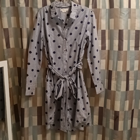 FINAL PRICE NWOT Boden blue/white striped shirt dress/navy polka dots/sash belt - Picture 4 of 15